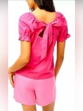 J Crew Blouse Womens XXS Pink Puff Short Sleeve Tie Back Bow Barbiecore Top Cute